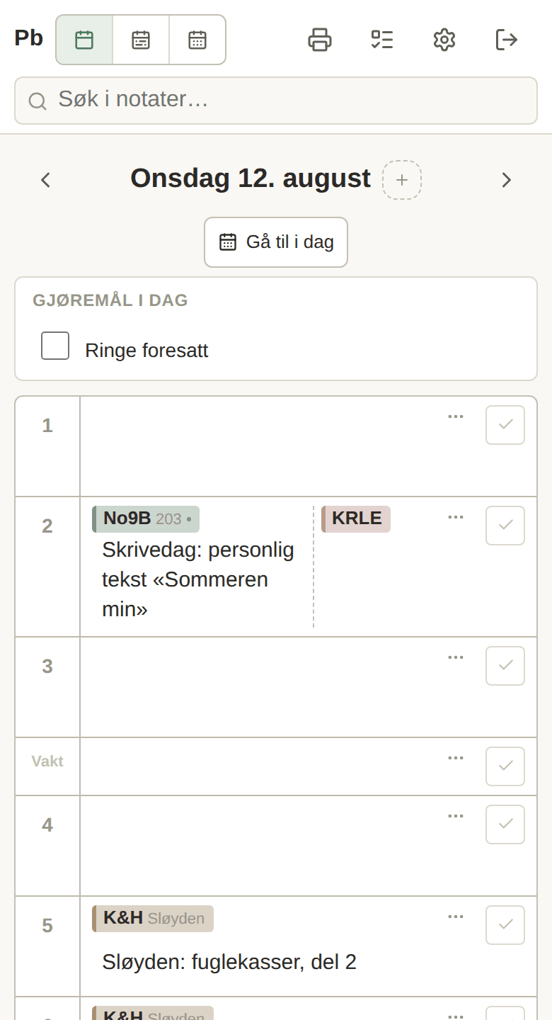 Dagvisningen på mobil
